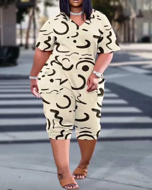 2025 Europe and America Plus Size Summer Loose V-Neck Stitched Patch Pocket Printed Jumpsuit