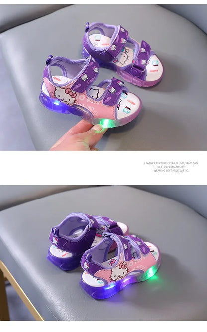 2024 Summer New Baby Girls Led Light Sandals Cute Hello Kitty Children's Casual Shoes Anti-slip Kids Beach Shoes Outdoor Shoes