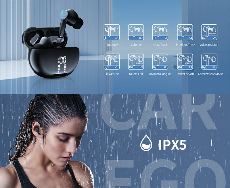 Wireless Earphone Bluetooth 5.3 Headphone 60H Playback LED Power Display Ear Buds Mic Noise Cancellation Stereo Sound Earphones