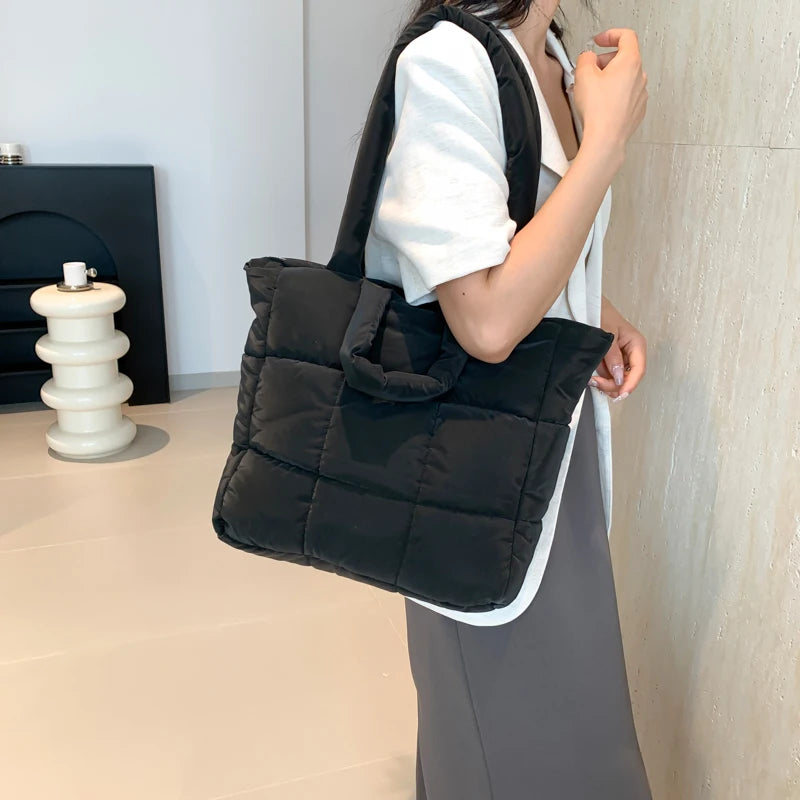 Puffer Tote Bag for Women Lightweight Down Cotton Padded Crossbody Bag Large Capacity Handbag Puffy Purse for Shopping Travel ﻿
