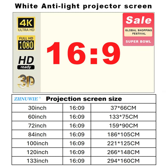 Projector Screen 16:9 High Brightness Reflective Foldable White Grid Anti Light Curtain 100 120 133 150 Inch HD for Home Outdoor