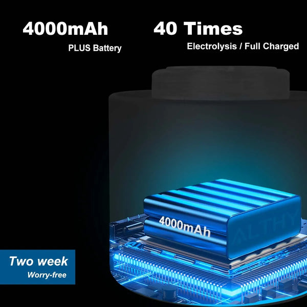 4000mAh battery capacity of ALTHY Hydrogen Water Bottle – supports 40 electrolysis cycles on a single charge, lasts two weeks worry-free
