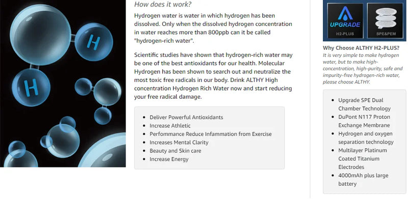 Explanation of how ALTHY hydrogen-rich water works – boosts antioxidants, reduces inflammation, improves energy and skin clarity