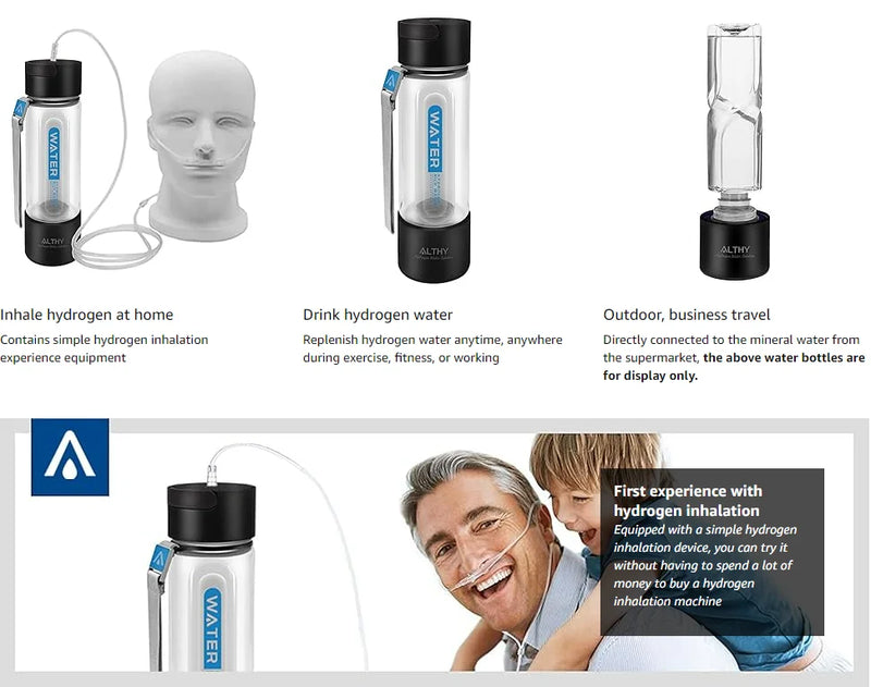 Various uses of ALTHY hydrogen bottle – home hydrogen inhalation, drinking on the go, or attaching mineral water bottle for travel