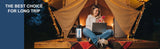 Woman using ALTHY hydrogen water bottle while camping – portable design for long trips, work-from-anywhere hydration solution