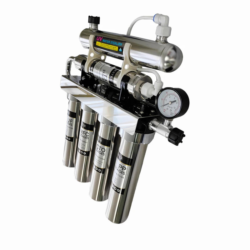  Angled view of STARWELL 6-stage water purifier showing filter labels and UV chamber