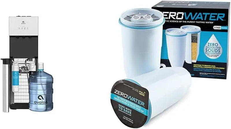 Avalon bottom loading water cooler with 5-gallon jug shown next to ZeroWater 5-stage replacement filters and retail packaging
