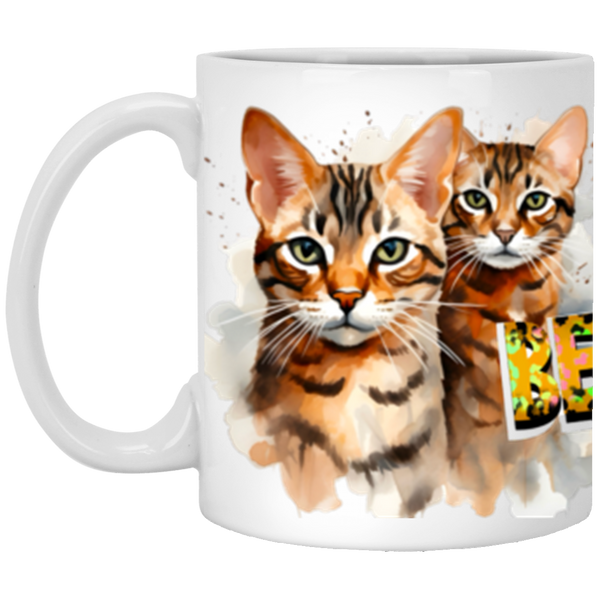 "11oz white ceramic mug with Bengal cat design – dishwasher and microwave safe"