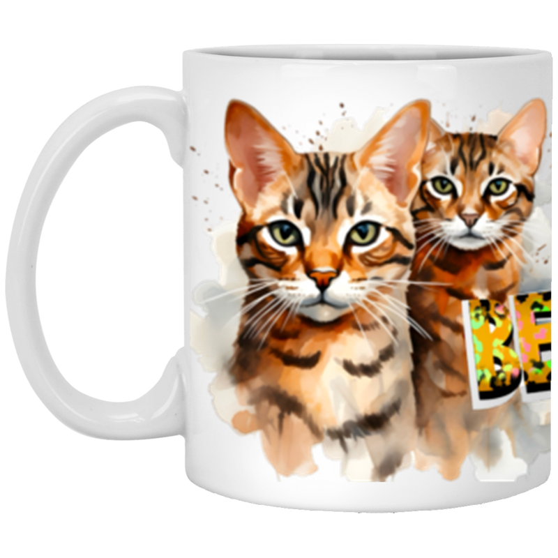 "11oz white ceramic mug with Bengal cat design – dishwasher and microwave safe"