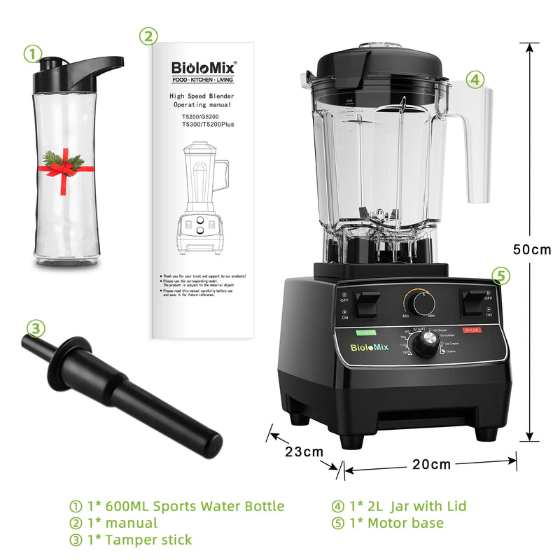 BioloMix 2200W blender package contents showing 2L jar with lid, motor base, tamper stick, 600ml sports bottle, and user manual with dimensions 50cm x 23cm x 20cm