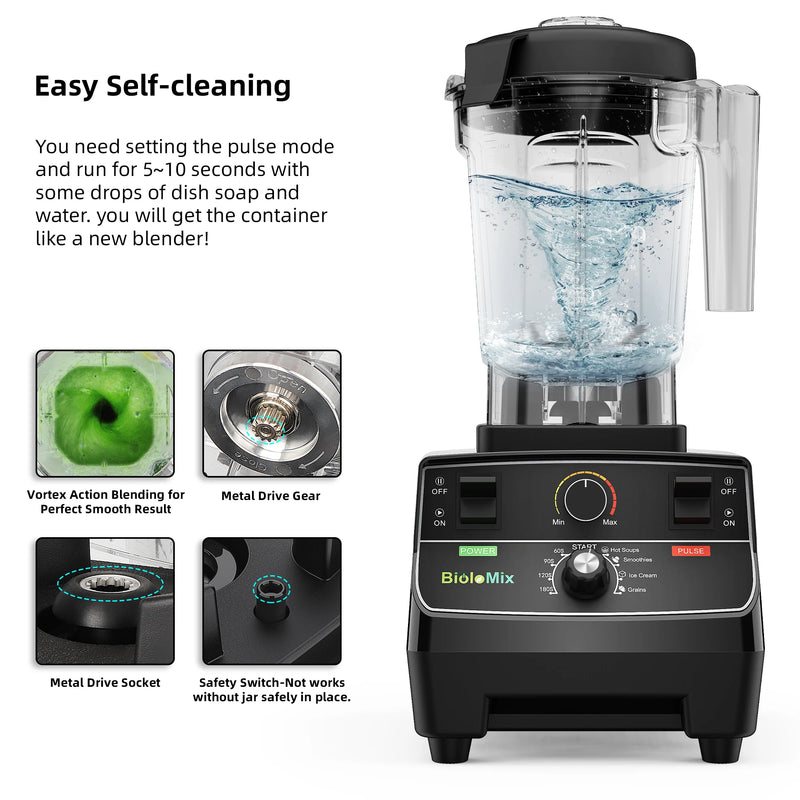 Self-cleaning demo with water vortex plus metal drive gear and safety interlock