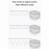 Diagram showing massage, stimulation, and normal pumping modes with nine adjustable suction levels