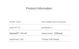 Product information card listing materials PP and silicone, 500 mA rated current, 2.5 W rated power, and USB charging