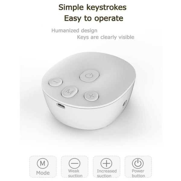 Close up of USB rechargeable breast pump control base showing power, mode, and plus minus buttons