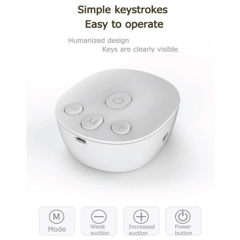 Close up of USB rechargeable breast pump control base showing power, mode, and plus minus buttons