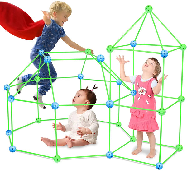 Three children playing inside a DIY fort made of green rods and colorful connectors
