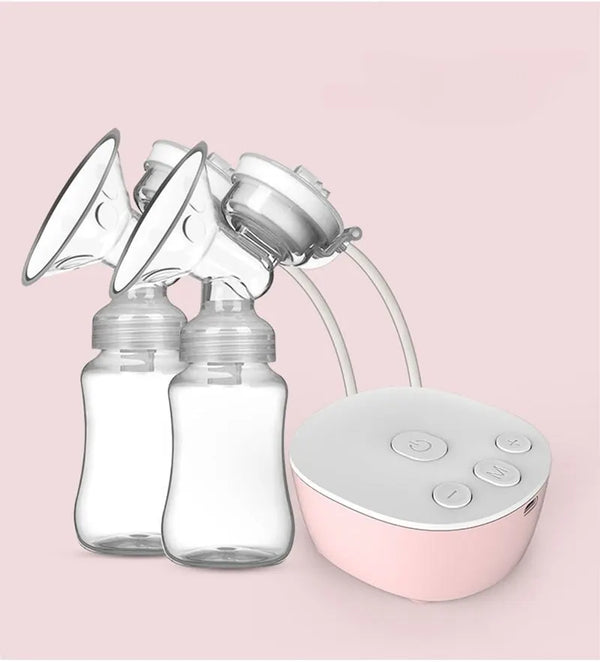 Double electric breast pump with two bottles and USB control base, pink variant, front view