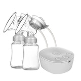 White double electric breast pump with two bottles and USB control base, front view