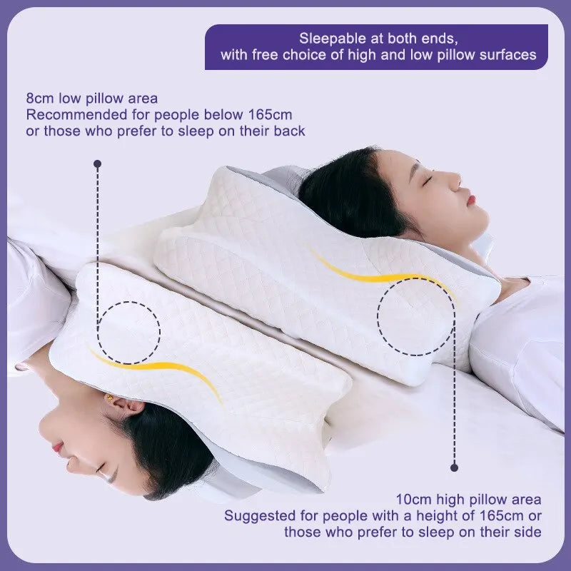 Memory foam pillow with 8cm and 10cm height zones for back and side sleepers