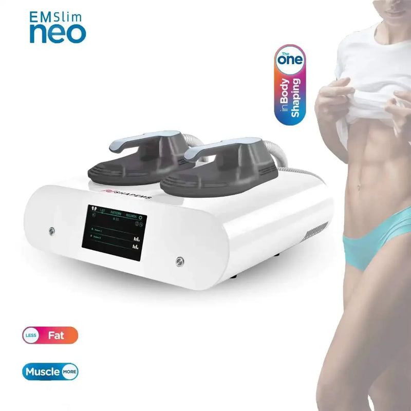 Portable EMS body shaping machine with dual paddles mounted on wheeled stand – multiple room views.