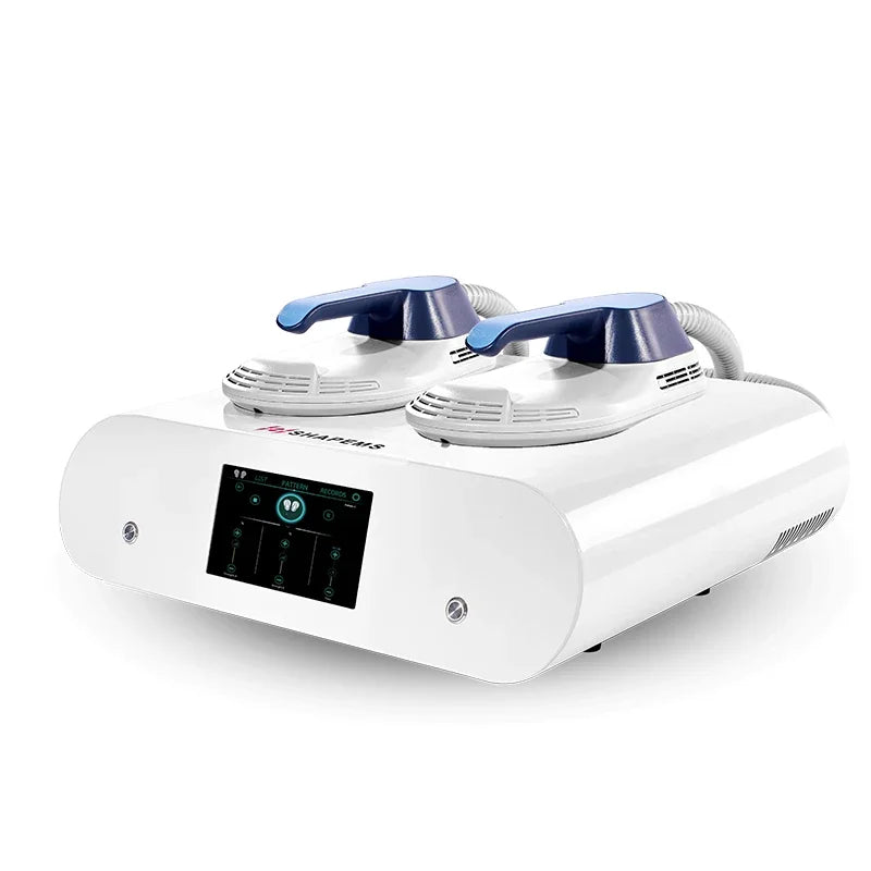 EMSlim Neo body sculpting device with female fitness model – promotes less fat and more muscle gain.

