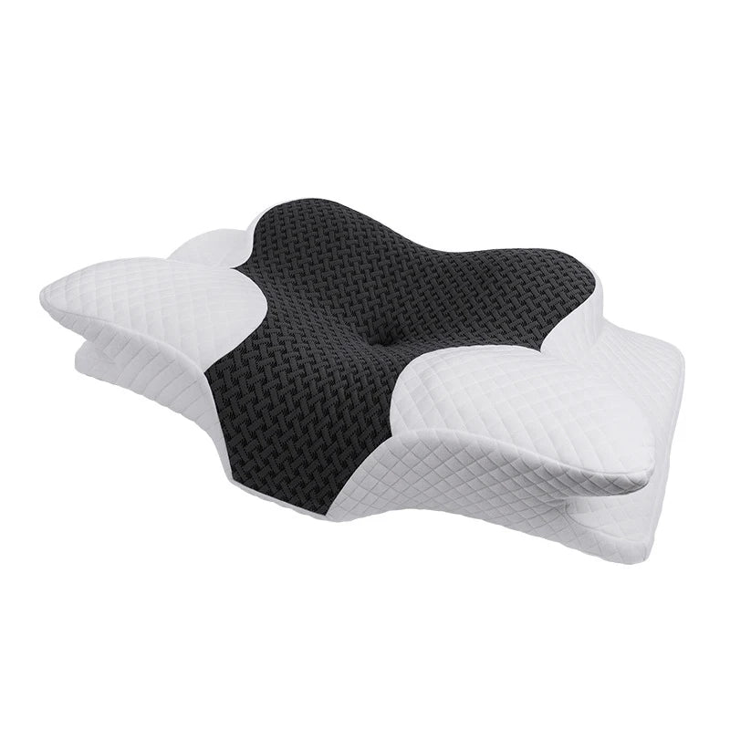  Black and white ergonomic pillow with quilted sides and breathable center mesh for airflow and support


