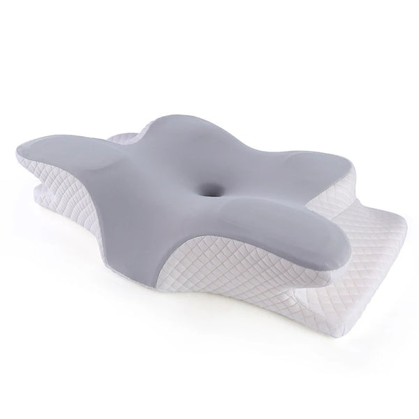  Gray and white ergonomic memory foam pillow with deep center contour for head and neck support