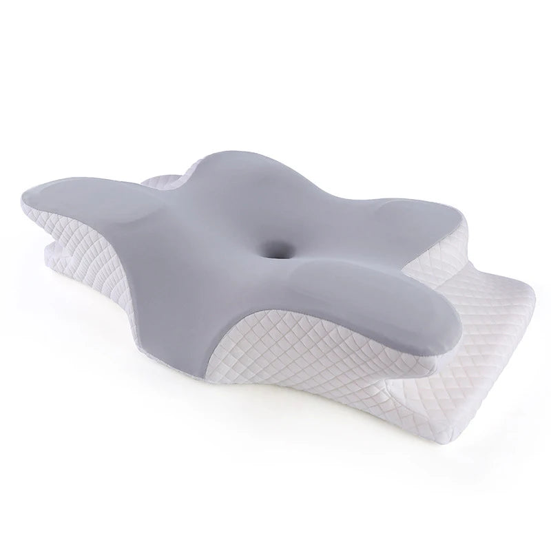  Gray and white ergonomic memory foam pillow with deep center contour for head and neck support