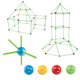  DIY fort kit structures showing house and rocket made from green rods and ball joints