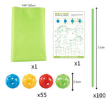 DIY kids’ fort kit with 100 green rods, 55 colorful connector balls, instruction guide, and green fabric cover

