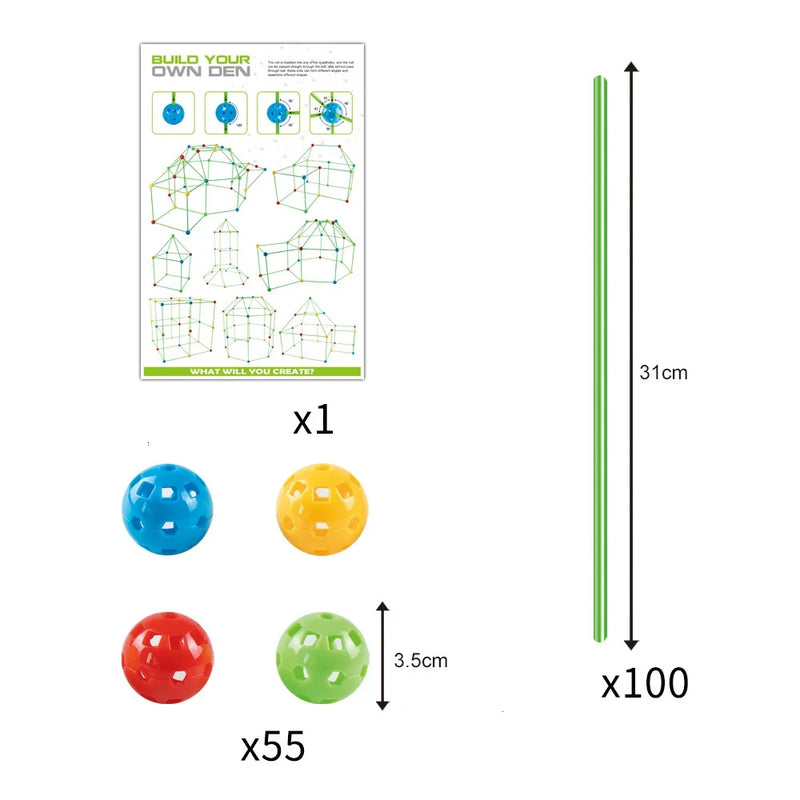  Fort building kit with 55 balls, 100 sticks, and instruction manual with diagrams
