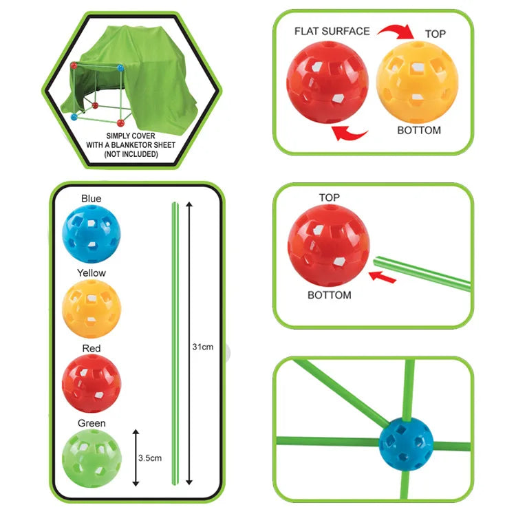  Fort kit instruction diagram and close-up view of connecting balls and stick ends