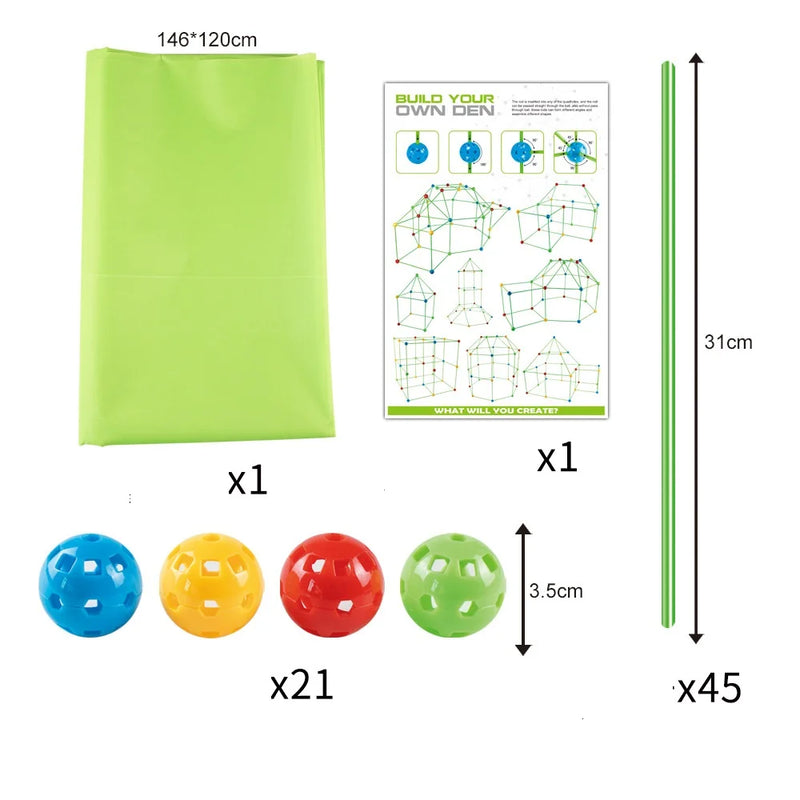  DIY fort kit showing included cover, rods, balls, and guide with setup examples