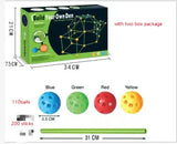  Build Your Own Den fort kit box packaging showing 110 balls, 200 sticks, and double box dimensions