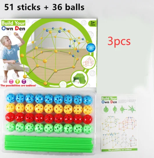  DIY fort kit packaging with 51 green rods, 36 colorful balls, and instruction manual
