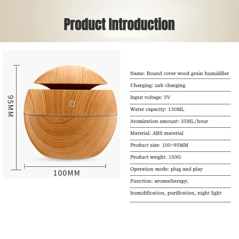Product specification chart showing size, voltage, mist rate, and material of diffuser