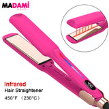Neon pink infrared flat iron open and powered on, showing infrared heat activation