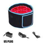 Black and blue LED therapy belt with red light, power adapter, and cable on a white background.