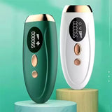 IPL laser hair removal devices in green and white – dual display with LED screen and gold accent buttons