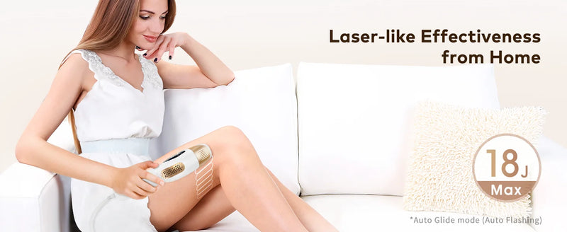 Woman Using IPL Hair Removal Device on Legs with Auto Glide Mode