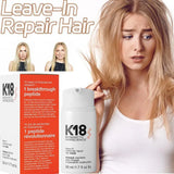 K18 leave-in molecular repair hair mask with model showing hair damage recovery
