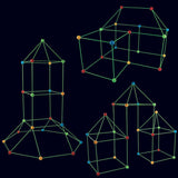  Completed fort kit structures including rocket and house builds on dark background using green rods and multi-colored connectors

