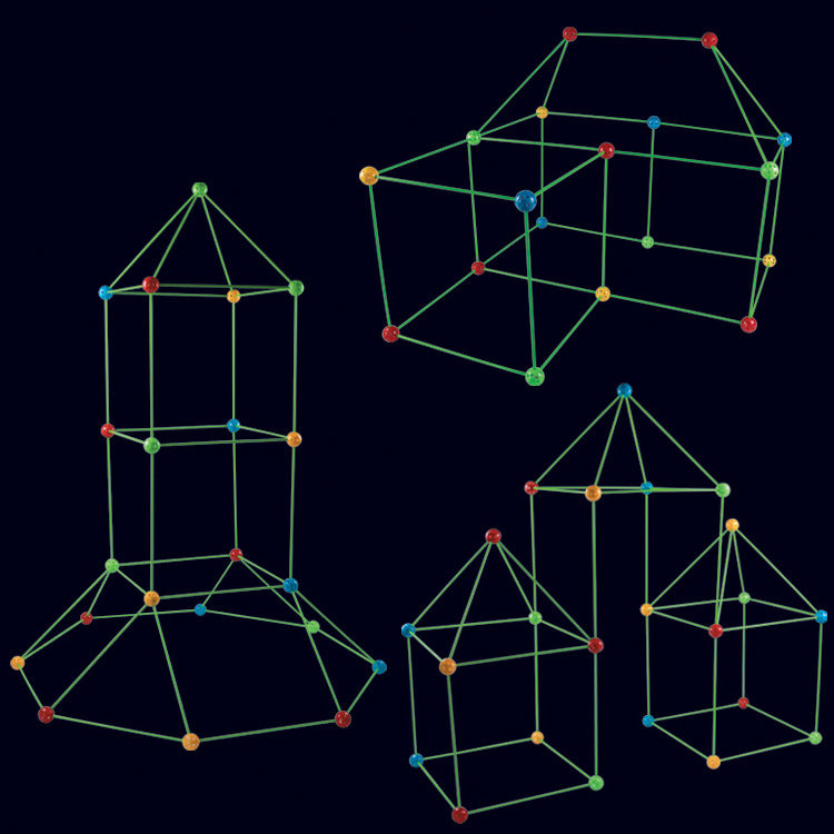  Completed fort kit structures including rocket and house builds on dark background using green rods and multi-colored connectors

