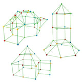 Three DIY fort shapes built using rods and colored ball connectors from kids’ kit
