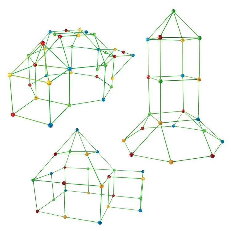 Three DIY fort shapes built using rods and colored ball connectors from kids’ kit