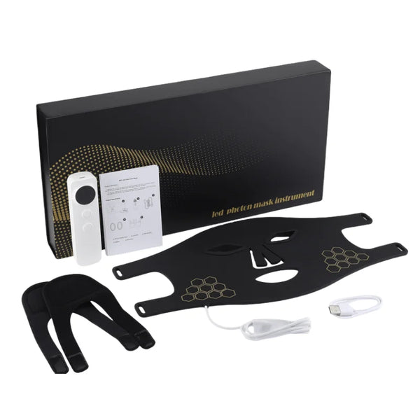  Full red light therapy mask kit with packaging, head strap, remote, and USB charging cable