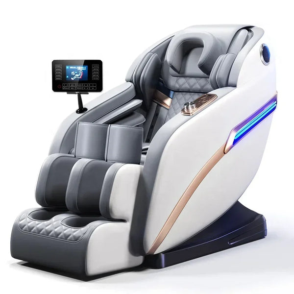  White luxury full body massage chair with Bluetooth speakers and LED lighting