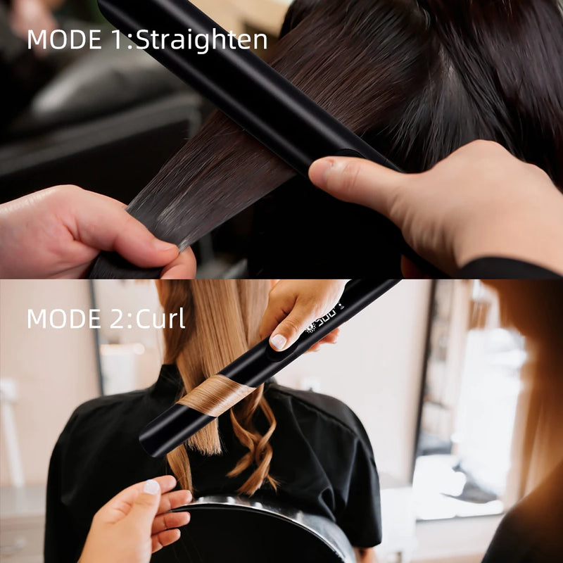  Professional hair styling using MADAMI 500°F ceramic flat iron in salon environment