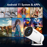 MagiCubic projector running Android 11 with app options like YouTube and Netflix