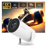  Magi Cubic HY300 Pro 4K projector showing racing video in Ultra HD